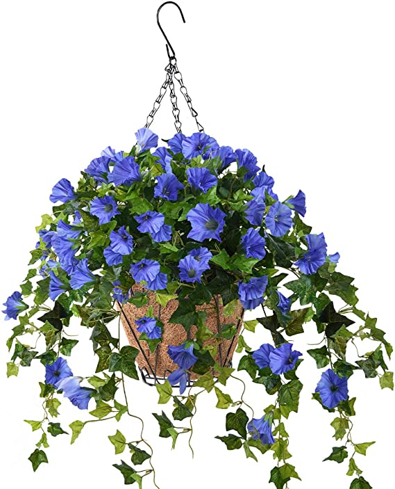 Hanging Basket with Artificial Vine Silk Petunias Flower for Outdoor