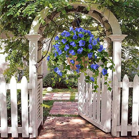 Hanging Basket with Artificial Vine Silk Petunias Flower for Outdoor