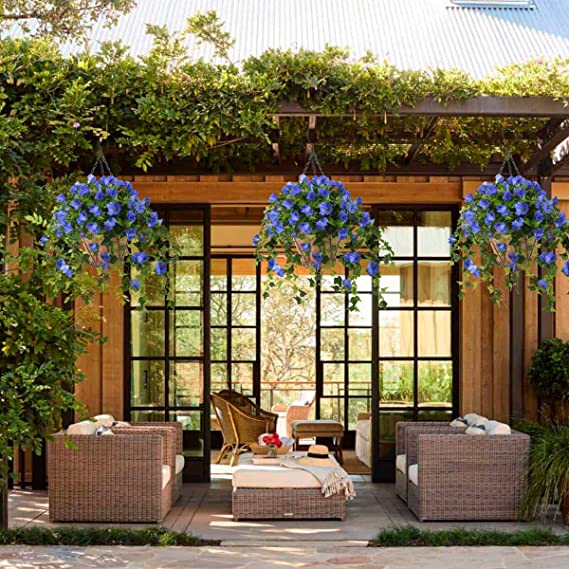 Hanging Basket with Artificial Vine Silk Petunias Flower for Outdoor