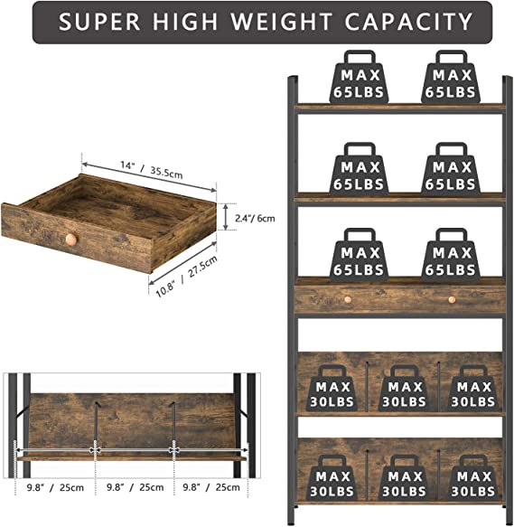 5 Tier Widen Bookshelf with Drawers and Bookend