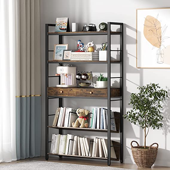 5 Tier Widen Bookshelf with Drawers and Bookend