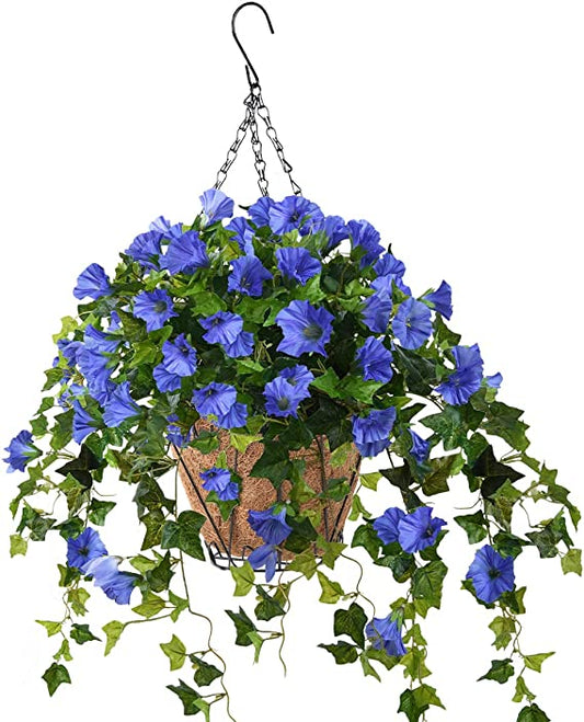 Hanging Basket with Artificial Vine Silk Petunias Flower for Outdoor