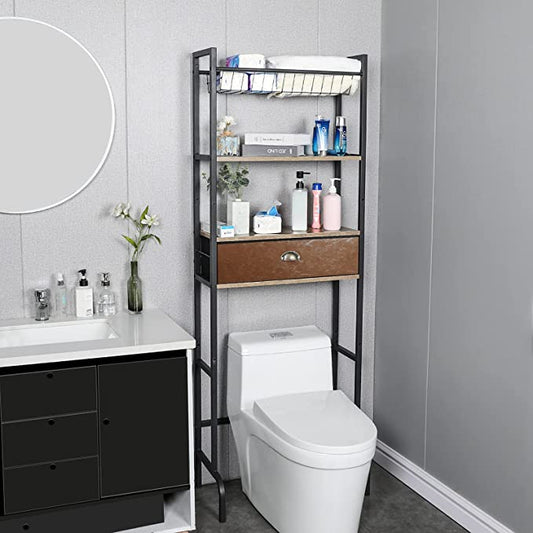 Over The Toilet Storage Rack with Basket and Drawer for Bathroom Organizer Vertical Space Saver 3-Tie